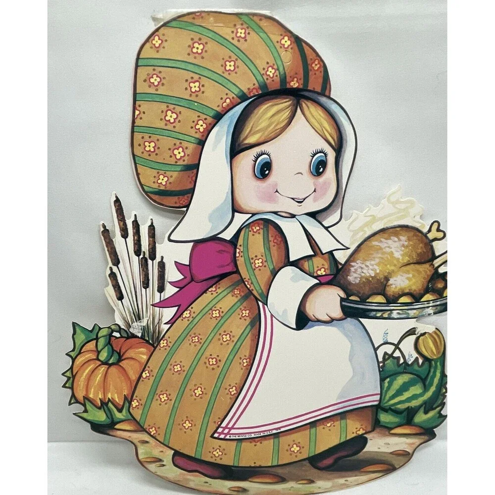Vintage Beistle 1978 Thanksgiving Die Cut Pilgrim Girl Cardboard Decoration